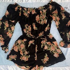 Black Floral Off-Shoulder Romper with Puff Sleeves